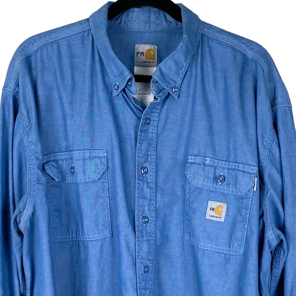 Carhartt Flame Resistance Shirt Sz 2X Blue Chambray Long Sleeve Pockets FRS191 - Picture 2 of 10